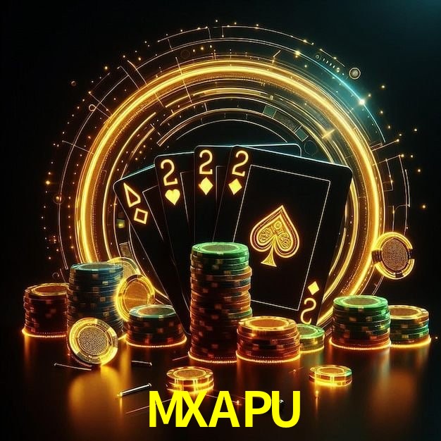 Escena dinámica inspirada en casino con iluminación MXAPU, cartas, fichas e íconos de juegos digitales en un espacio moderno de juegos.